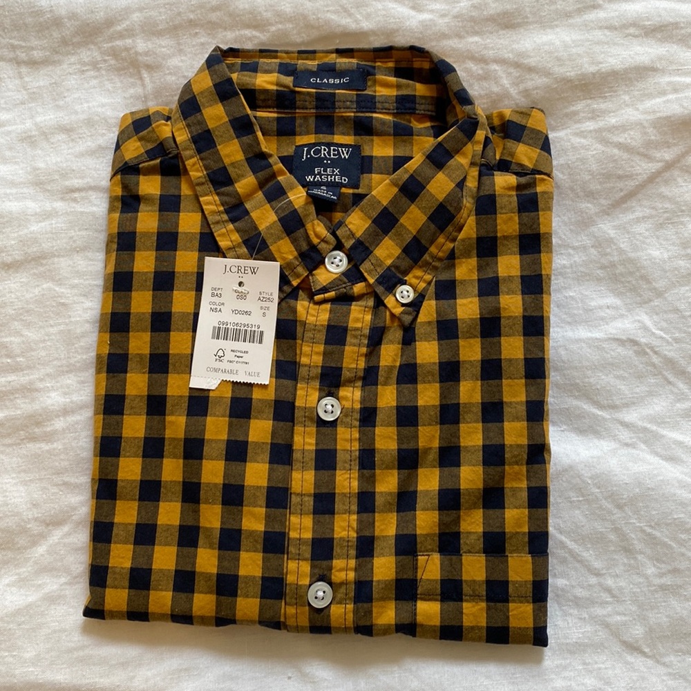 BRAND NEW JCREW Classic Flexed Washed SMALL Navy/Saffron Plaid Button Down